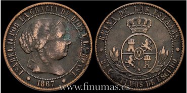 Cy15796.2.- ISABEL II - 2 1/2 Centimo de escudo 1867 Sevilla OM- BC