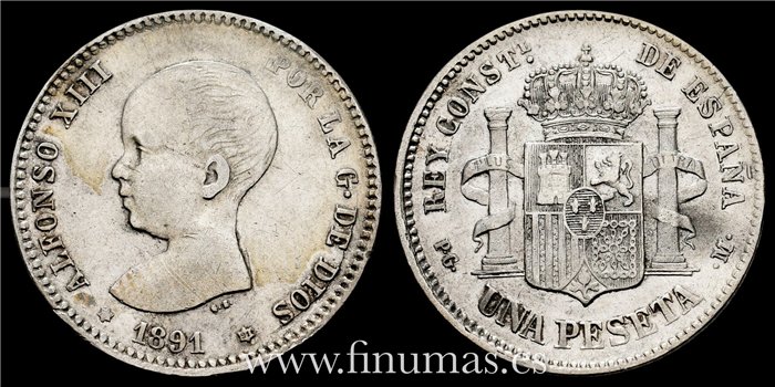 Cy16672E.-  ALFONSO XIII 1 Peseta 1891 (--91) PGM- MBC-