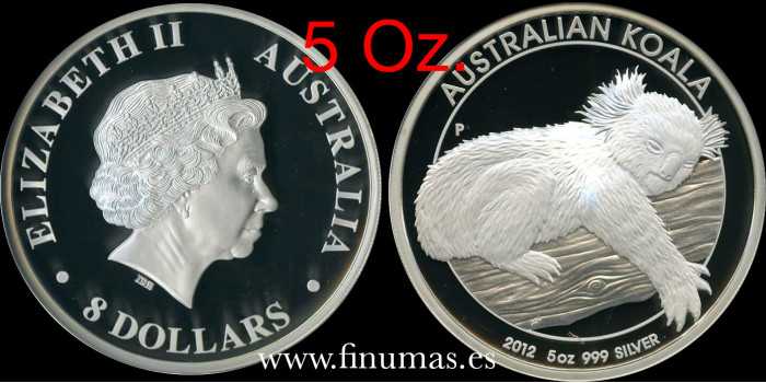 AUSTRALIA 8 DOLLAR 2012 KOALA. 5 ONZAS PLATA .999