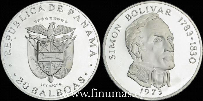 PANAMA - K-031 - 20 BALBOAS 1973. SIMON BOLIVAR. PROOF - PLATA