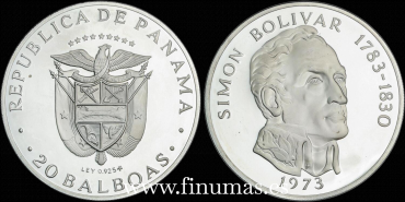 PANAMA - K-031 - 20 BALBOAS 1973. SIMON BOLIVAR. PROOF - SILVER