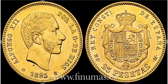 Cy16613K.- ALFONSO XII - 25 Pesetas oro 1883 (18-83) MSM. EBC+. R.B.O. - ORO