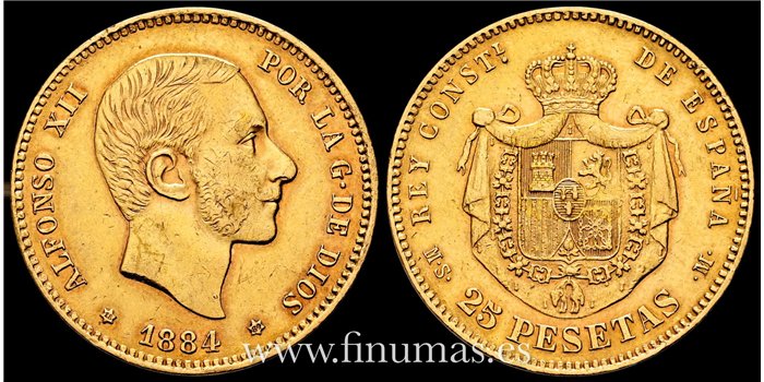Cy16614G.- ALFONSO XII 25 Pesetas 1884 (18-84) MSM - EBC- ORO
