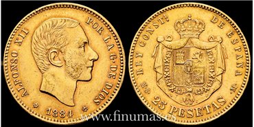 Cy16614G.- ALFONSO XII 25 Pesetas 1884 (18-84) MSM - EBC- ORO