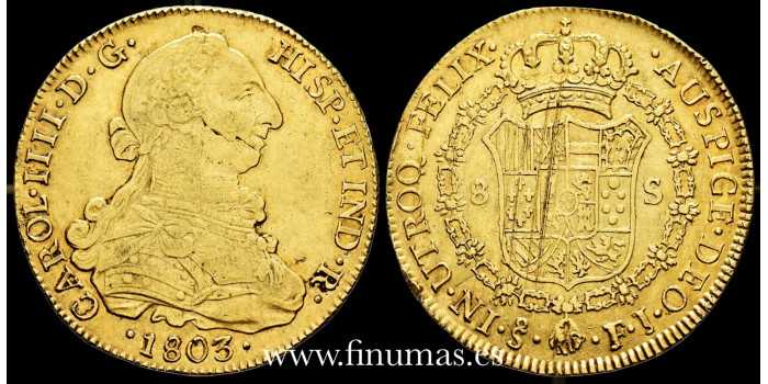Cy13736.- Carlos IV  8 Escudos 1803 Santiago F.J. MBC- ORO