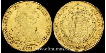 Cy13736.- Carlos IV  8 Escudos 1803 Santiago F.J. MBC- ORO