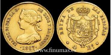 Cy16376E.- ISABEL II 4 ESCUDOS 1867 MADRID. MBC - ORO