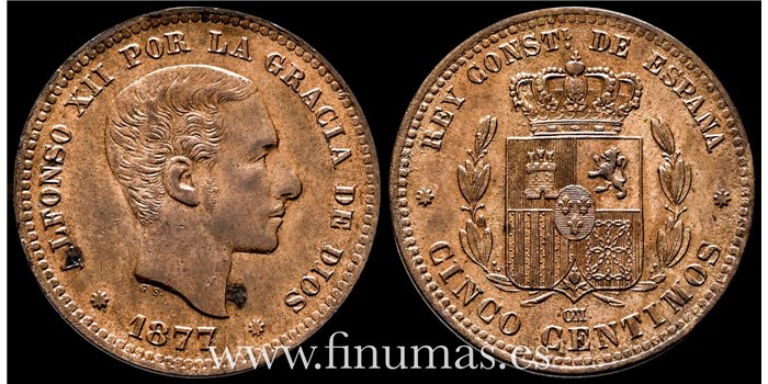 Cy16555I.- ALFONSO XII 5 Centimos 1877 OM. - EBC+