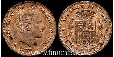 Cy16555I.- ALFONSO XII 5 Centimos 1877 OM. - EBC+