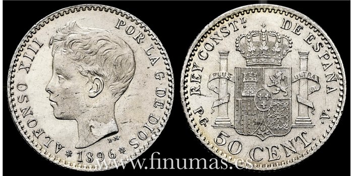Cy16664H.- ALFONSO XIII 50 Centimos 1896 ( 9-6) P.G.V. - EBC+