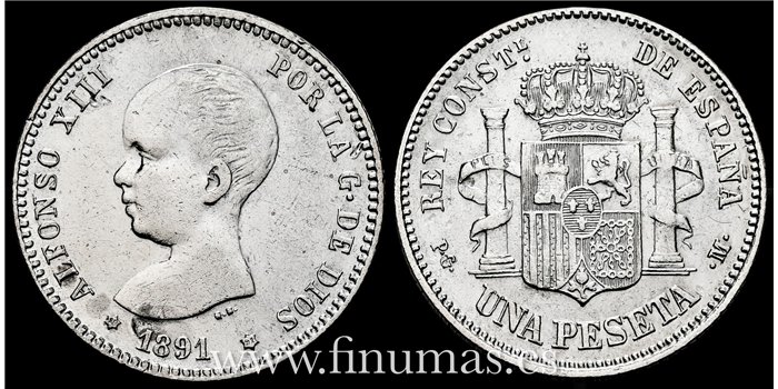 Cy16672F.- ALFONSO XIII 1 Peseta 1891 ( 18-91) P.G.M. - MBC+