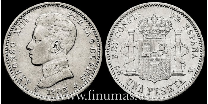 Cy16683E.- ALFONSO XIII 1 Peseta 1905 ( 19-05) S.M.V.- MBC