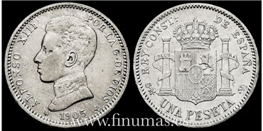 Cy16683E.- ALFONSO XIII 1 Peseta 1905 ( 19-05) S.M.V.- MBC