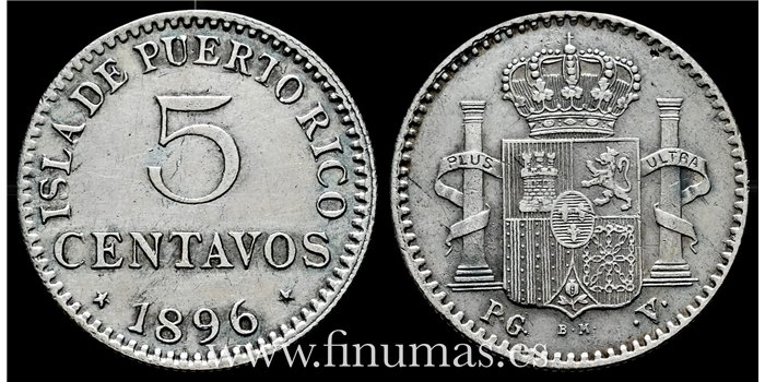 Cy16715F.- ALFONSO XIII 5 Ctv. Peso 1896 Puerto Rico. - MBC+