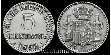 Cy16715F.- ALFONSO XIII 5 Ctv. Peso 1896 Puerto Rico. - MBC+