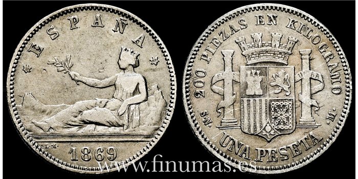 Cy16509D.- G.P. y REPUBLICA 1 Peseta 1869 España. S.N.M.- MBC -