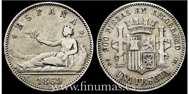 Cy16509D.- G.P. y REPUBLICA 1 Peseta 1869 España. S.N.M.- MBC -
