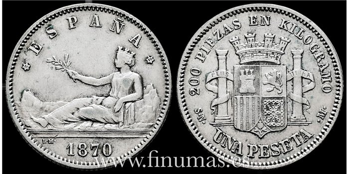 Cy16510G.- G.P. y REPUBLICA 1 Peseta 1870 (18-70). S.N.M.- MBC +