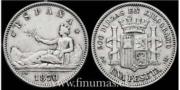 Cy16510G.- G.P. y REPUBLICA 1 Peseta 1870 (18-70). S.N.M.- MBC +
