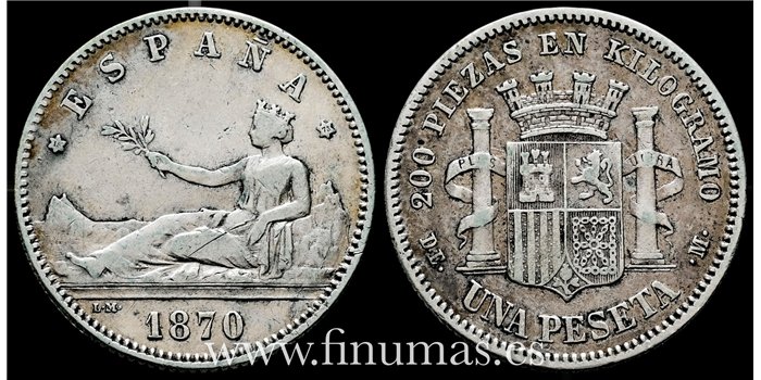 Cy16511F.- G.P. y REPUBLICA 1 Peseta 1870 (18-73). D.E.M.- MBC 