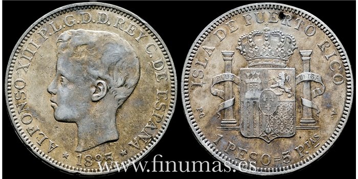 Cy16719F.- ALFONSO XIII 1 Peso 1895 Puerto Rico. -  MBC+