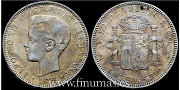 Cy16719F.- ALFONSO XIII 1 Peso 1895 Puerto Rico. -  MBC+