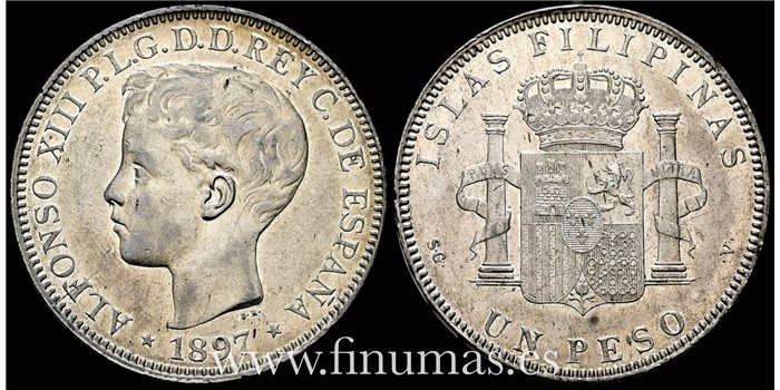 Cy16722H.- ALFONSO XIII 1 Peso 1897 S.G.V. Manila. -  EBC. R.B.O.