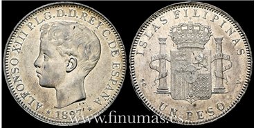 Cy16722H.- ALFONSO XIII 1 Peso 1897 S.G.V. Manila. -  EBC. R.B.O.