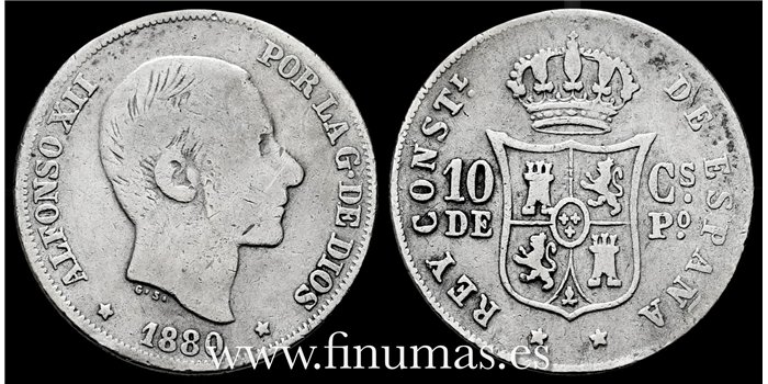 Cy16617A- ALFONSO XII 10  Ctv. Peso  1880 Manila - BC