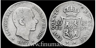 Cy16617A- ALFONSO XII 10  Ctv. Peso  1880 Manila - BC