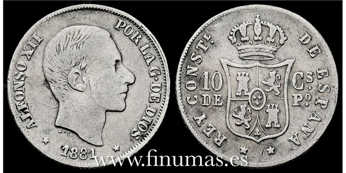Cy16618C- ALFONSO XII 10  Ctv. Peso  1881 Manila - BC