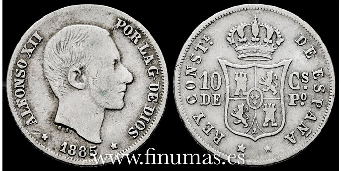Cy16623C ALFONSO XII 10  Ctv. Peso  1885 Manila - BC