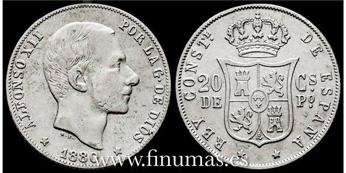 Cy16624C- ALFONSO XII 20  Ctv. Peso  1880 Manila - BC+