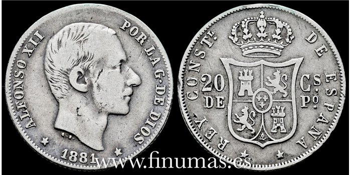 Cy16625C- ALFONSO XII 20  Ctv. Peso  1881 Manila - BC
