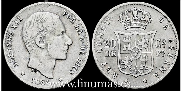 Cy16628C- ALFONSO XII 20  Ctv. Peso  1884 Manila - BC