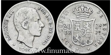 Cy16628C- ALFONSO XII 20  Ctv. Peso  1884 Manila - BC
