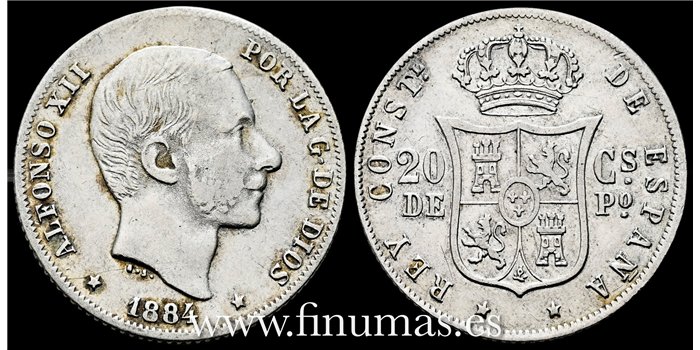 Cy16628C-2- ALFONSO XII 20  Ctv. Peso  1884 Manila - BC+