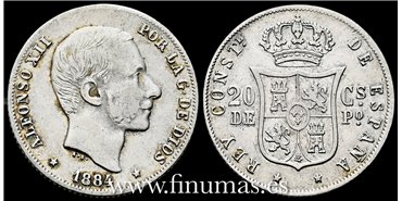 Cy16628C-2- ALFONSO XII 20  Ctv. Peso  1884 Manila - BC+