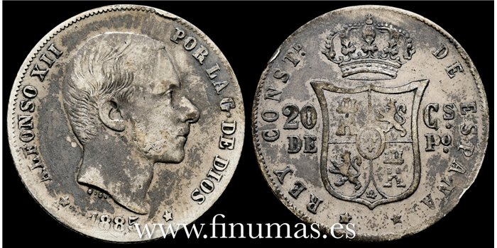 Cy16629C- ALFONSO XII 20  Ctv. Peso  1885 Manila - BC