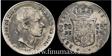 Cy16629C- ALFONSO XII 20  Ctv. Peso  1885 Manila - BC