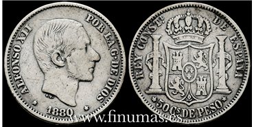 Cy16630C- ALFONSO XII 40  Ctv. Peso  1880 Manila - BC+