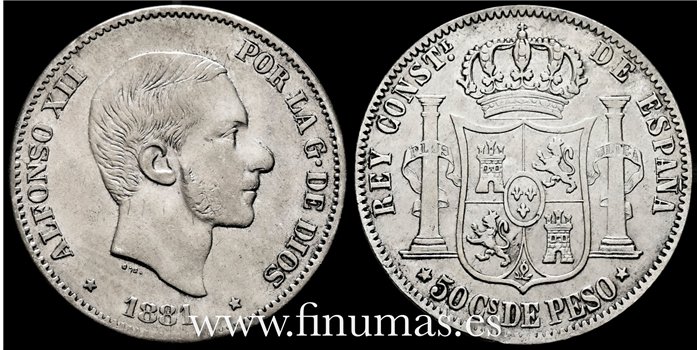 Cy16631C+- ALFONSO XII 40  Ctv. Peso  1881 Manila - BC+