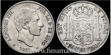Cy16631C+- ALFONSO XII 40  Ctv. Peso  1881 Manila - BC+