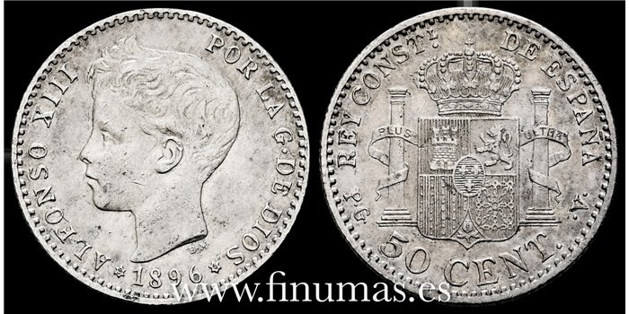 Cy16664E.- ALFONSO XIII 50 Centimos 1896 ( 9-6) P.G.V. - MBC+