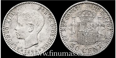 Cy16664E.- ALFONSO XIII 50 Centimos 1896 ( 9-6) P.G.V. - MBC+
