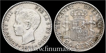 Cy16664D.- ALFONSO XIII 50 Centimos 1896 ( 9-6) P.G.V. - MBC-