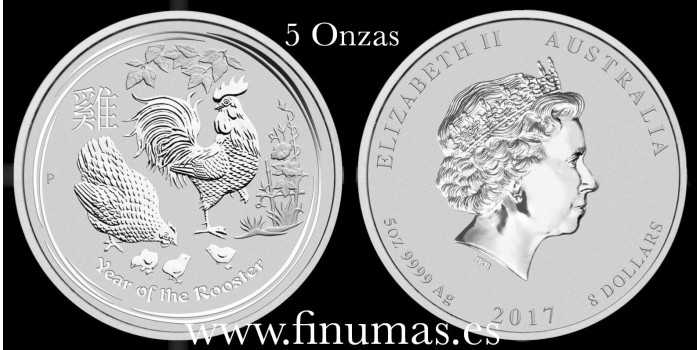 AUSTRALIA 8 DOLLAR 2007 "GALLO". 5 ONZAS PLATA .999