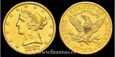 EE.UU - K-101 - 5 DOLLAR 1887 S - CORONET HEAD. ORO