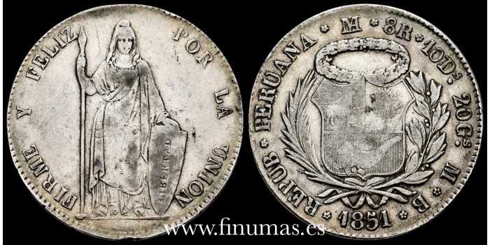 PERU - K-142.10 - 8 Reales 1851Lima MB. BC+ SILVER