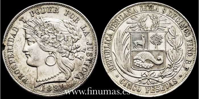 PERU - K-201.1 - 5 Pesetas 1880 B. VARIANT. MBC+ SILVER